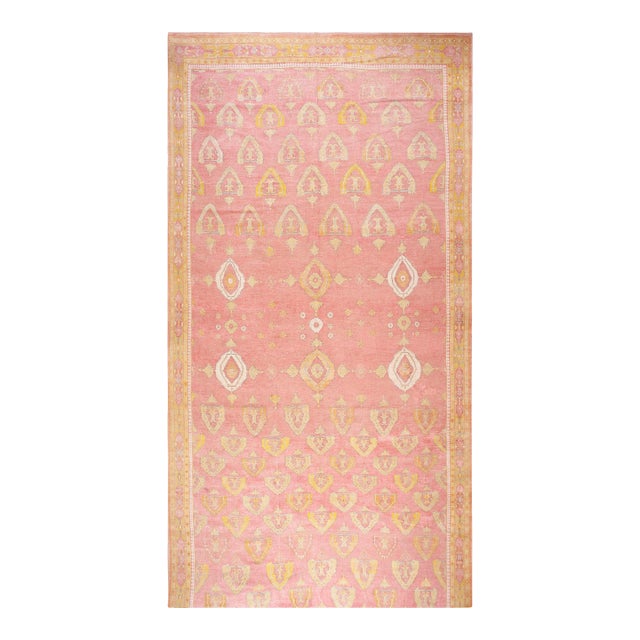 1930s Pink Rose Foliate Antique Indian Cotton Agra Rug 11'10" X 24'2" Handknotted Wool Carpet For Sale