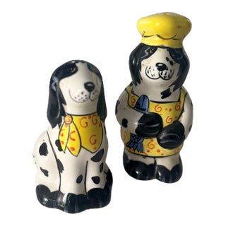 2001 Candace Reiter "Dogzilla" Chef Dogs Ceramic Salt & Pepper Shakers - Set of 2 For Sale
