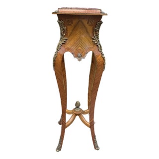 Antique French Louis XV Style Marble-Top Parquetry Jardinière Stand With Bronze Mounts For Sale