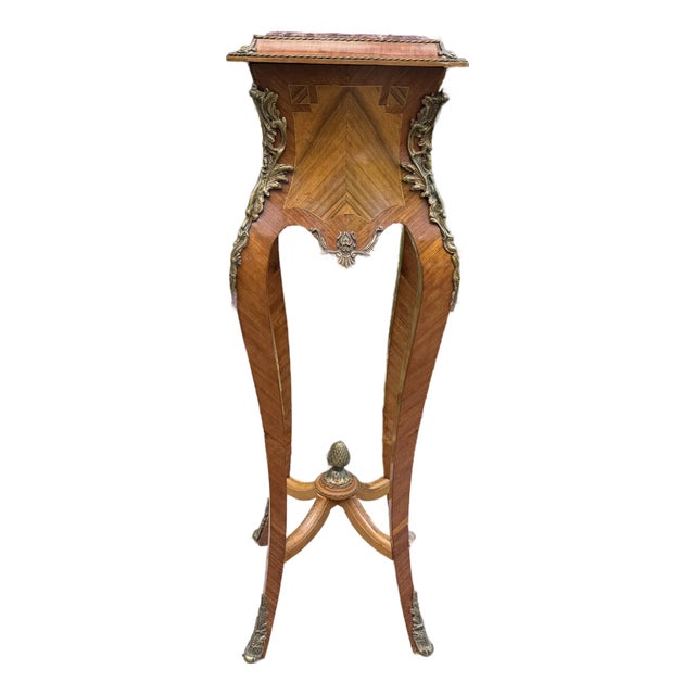 Antique French Louis XV Style Marble-Top Parquetry Jardinière Stand With Bronze Mounts For Sale