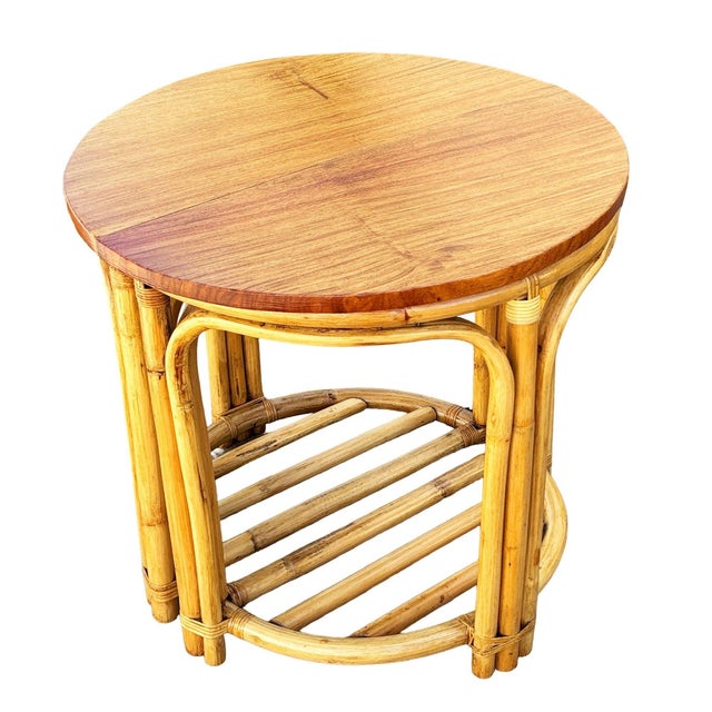 Coastal 1940s Restored Rattan and Mahogany Half Moon Side Tables With Storage Rack For Sale - Image 3 of 5