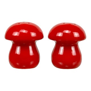 Mid-Century Orange Red Pottery Mushroom Salt & Pepper Shakers - a Pair For Sale
