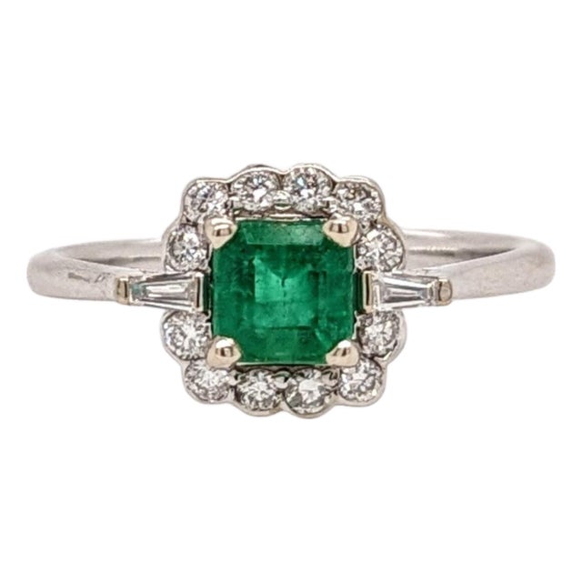 Zambian Emerald Ring With Diamond Accents: Solid 14k Gold, Asscher Cut 5mm, Size 6.75 For Sale