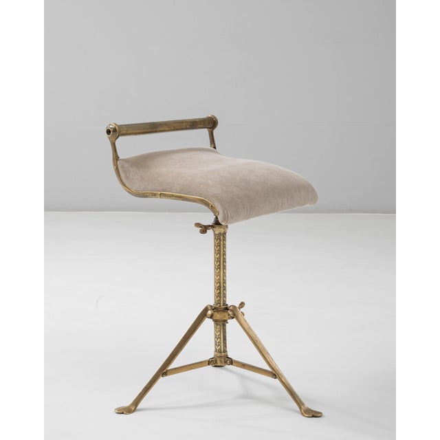 Metal 1920s French Brass Adjustable Stool With Upholstered Seat and Tripod Base For Sale - Image 7 of 18