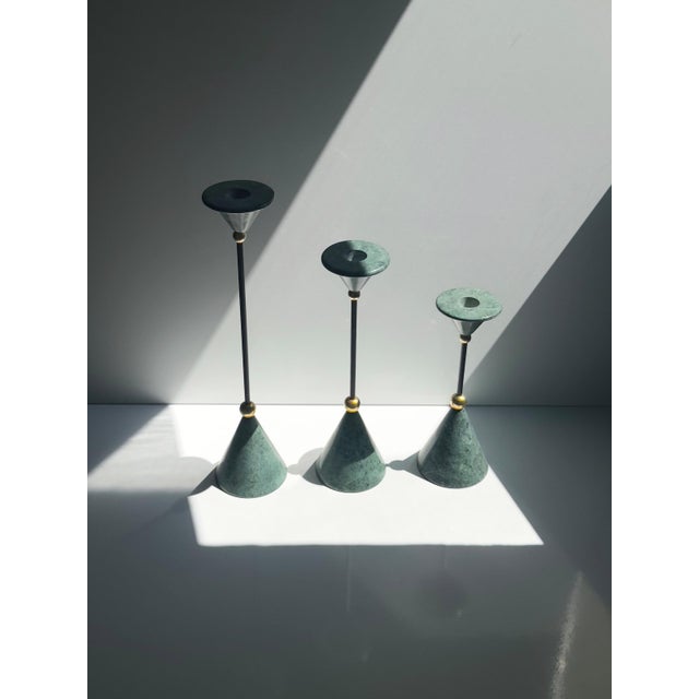 Postmodern Postmodern Marble and Brass Candlesticks attributed to Christian De Beaumont, 1980s, Set of 3 For Sale - Image 3 of 6