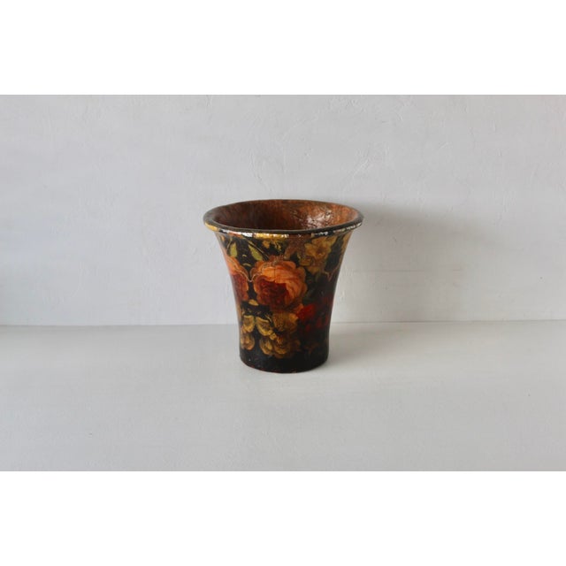 Art Nouveau Pulvermacher Style Art Nouveau Paper Mache Floral Decoupage Cachepot Wastebasket Vintage For Sale - Image 3 of 14