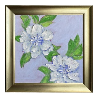 Original Framed Daisy Garden Painting, White Blue Green Floral Wall Art, Oil on Canvas in Gold Frame, 14x14 Maximalist Boho Home Decor For Sale