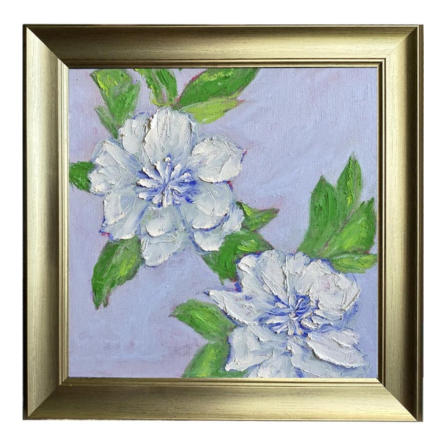 Original Framed Daisy Garden Painting, White Blue Green Floral Wall Art, Oil on Canvas in Gold Frame, 14x14 Maximalist Boho Home Decor For Sale