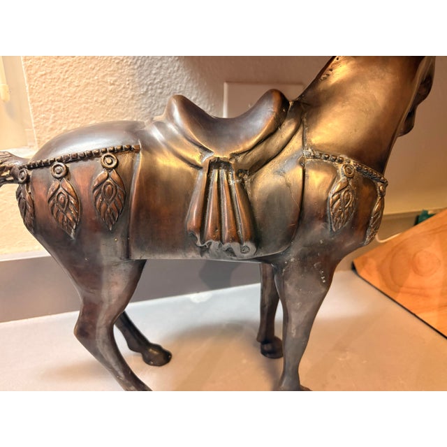 1970s 1970s Tang Dynasty Style Brass Horse Sculptures - Matching Pair Set 22” - Unmarked For Sale - Image 5 of 12