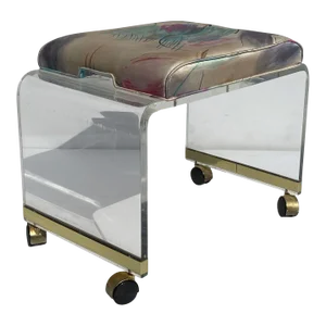 1980s Lucite & Brass Waterfall Vanity Stool on Casters by Hill Manufacturing Corp
