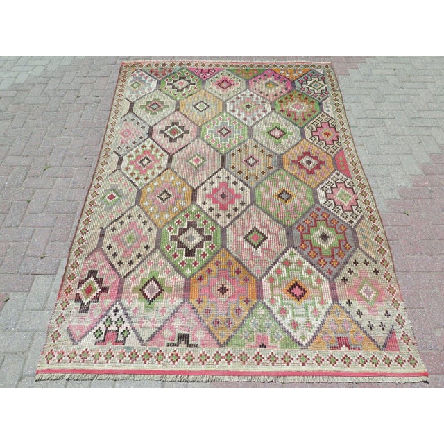 1960's Embroidery Multicolor Kilim Rug- 68"x104" For Sale - Image 13 of 13