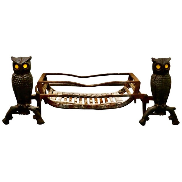 Black Model Owl Iron Fire Dogs with Grate, 1920s For Sale - Image 8 of 8