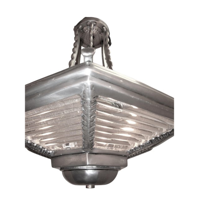 Metal Small Art Deco Six Sided Glass and Aluminum Chandelier For Sale - Image 7 of 17