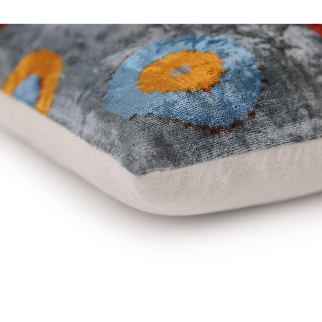 Handmade Velvet Circle Pillow – 16x24" Gray Blue & Orange Silk Cushion For Sale In San Francisco - Image 6 of 8