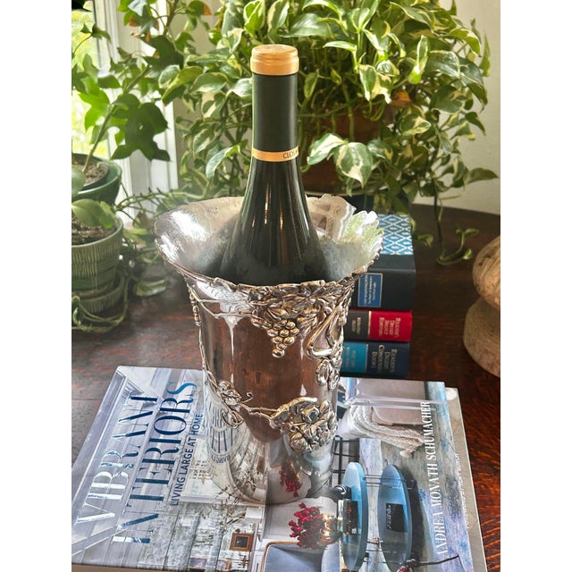 Rustic European 1960’s Vera Lucino Silver Plate Over Brass Grapevine Wine Cooler or Vase For Sale - Image 3 of 12