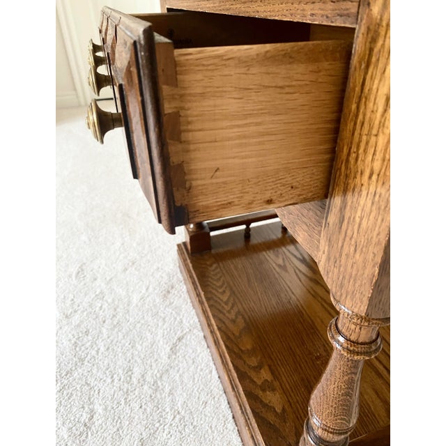 Late 20th Century Pennsylvania House Pair of Unique Tiered Solid Oak Nightstands American Traditional With Colonial Style Excellent Condition For Sale In Denver - Image 6 of 16