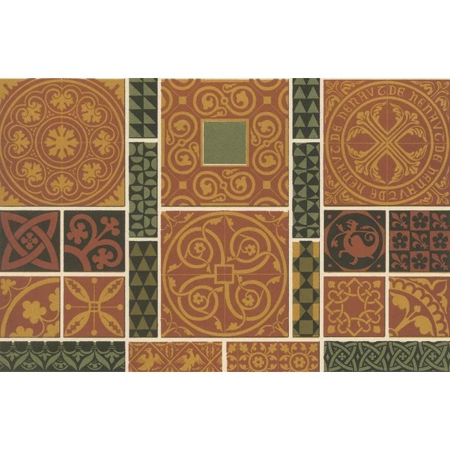 This striking chromolithograph from L'Ornement Polychrome (Plate XLVI) displays a collection of medieval floor tile...