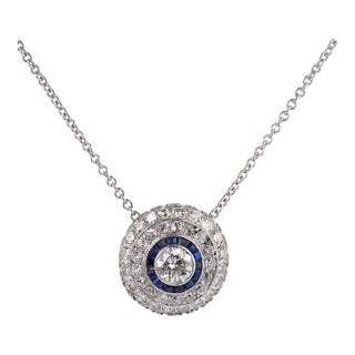 1930s Art Deco Diamond Sapphire Platinum 14k White Gold Double Halo Necklace For Sale