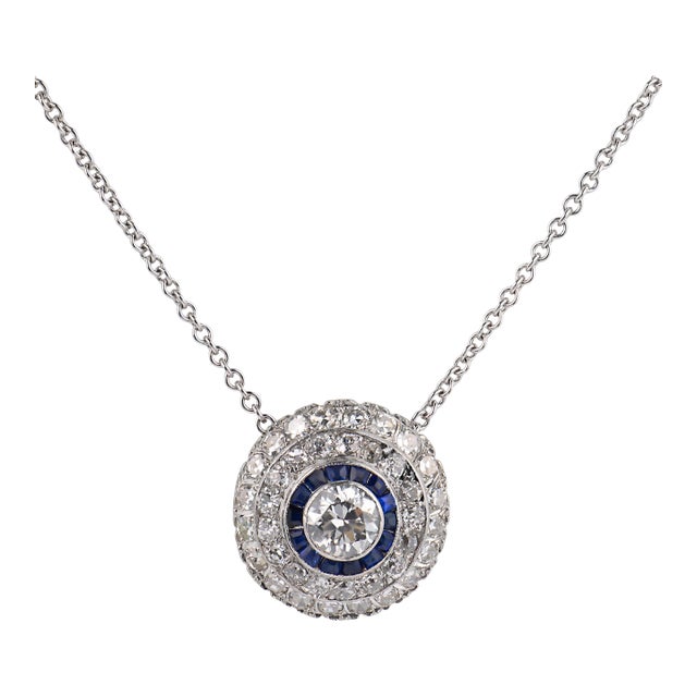 1930s Art Deco Diamond Sapphire Platinum 14k White Gold Double Halo Necklace For Sale