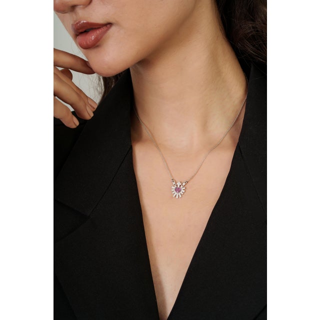 Ruby Red Vintage Inspired Ruby Diamond Sacred Heart Necklace in 14k White Gold For Sale - Image 8 of 14