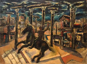 Samuel Brecher "And All Our Yesterday's" Modernist Figurative Horse Rider with Architectural Ruins Oil Painting, 1953