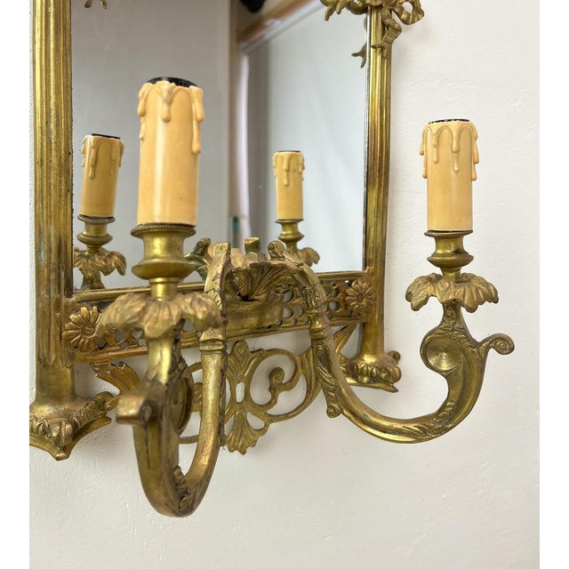 Goldenrod Louis XVI French Bronze Mirror with Sconces, 1890s For Sale - Image 8 of 16