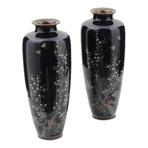 Large Pair of Late 19th Century Japanese Cloisonné Enamel Vases of Birds Flying Over Cherry Blossom