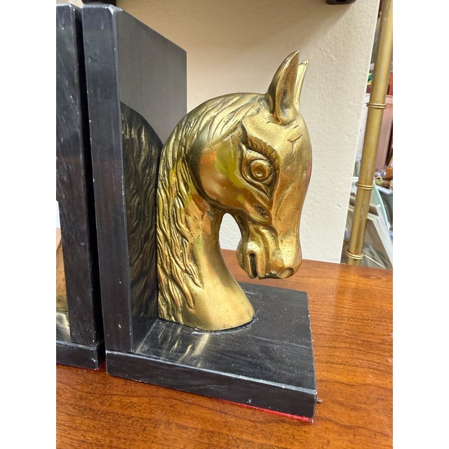 1980s Vintage Brass and Marble Horse Bookends For Sale - Image 5 of 6