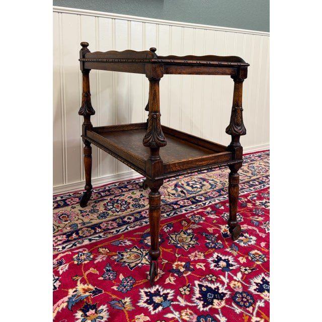 Antique English Trolley Tea Cart Pastry Cocktail Bar Cart Tray Tudor Oak 1930s For Sale - Image 10 of 18