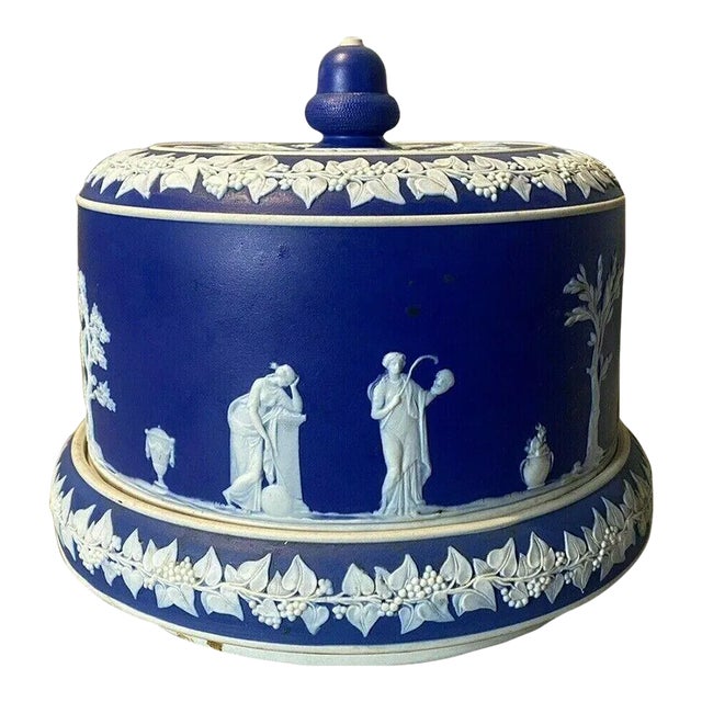 Vintage Antique English Blue Jasperware Covered Serving Dish Cheese Dome For Sale