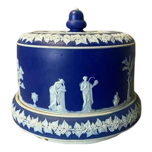 Vintage Antique English Blue Jasperware Covered Serving Dish Cheese Dome