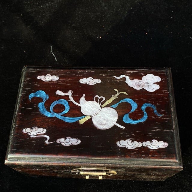 Vintage Chinese Rosewood & Mother-of-Pearl Inlay Jewelry Box – Auspicious Objects & Clouds Motif For Sale - Image 4 of 9