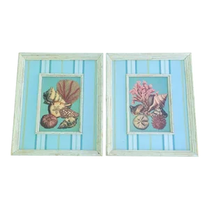 Coastal Distressed Pale Blue Striped Seashell Framed Art - a Pair