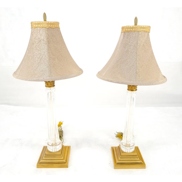 Brass 960'sPair of Crystal & Square Brass Bases Ornate Shades 25" Tall Table Lamps For Sale - Image 8 of 15