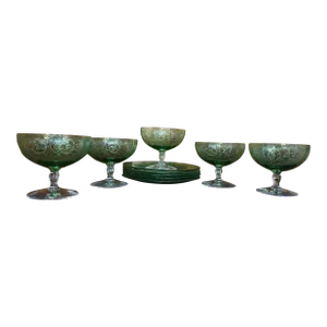 Early 20th Century Fostoria Versailles Green Uranium Glass Dessert Plate & Bowls- 10 Pieces