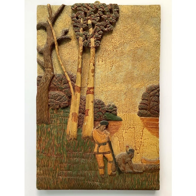 Antique Carved Wood Plaque With Native American Guide & Trapper For Sale - Image 4 of 6