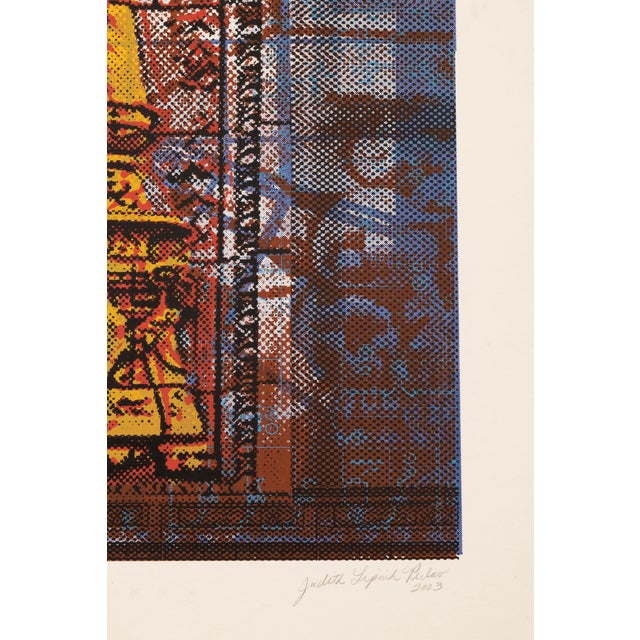 A color serigraph depicting a classical column rendered in gold tones against a layered blue and red ground with...