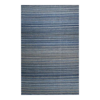 5x8 Blue Hand-Knotted Wool Horizon Stripe Geometric Modern Carpet Rug For Sale