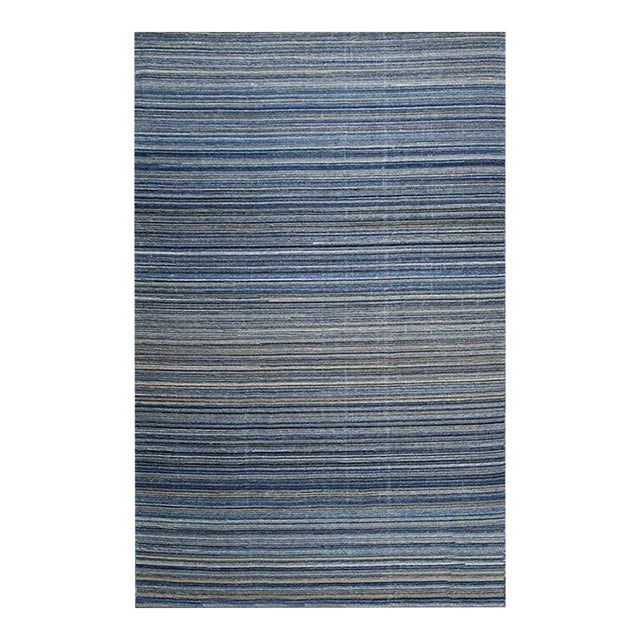 5x8 Blue Hand-Knotted Wool Horizon Stripe Geometric Modern Carpet Rug For Sale