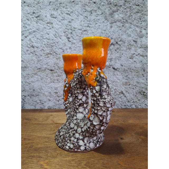 Superb double ceramic candlestick signed Vallauris, an authentic collector's piece representative of the 'Fat Lava' style...