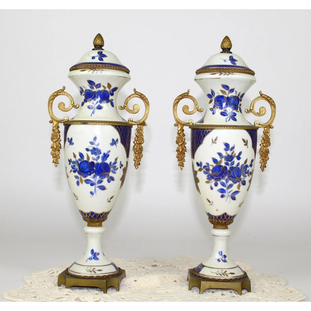 Antique FBS Sevres Style Blue Cobalt Porcelain and Gilt Vase Urn Luis XVI Style Hand Painted Made in France Paris- a Pair For Sale - Image 4 of 10