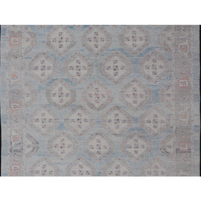 Tribal All-Over Tribal Motifs Design Light Blue With Hints of Orange Turkish Oushak Rug For Sale - Image 3 of 12