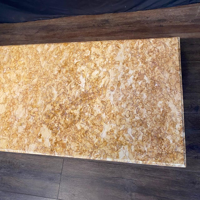 Brown French Louis XVI Style Coffee Table With Marble Top and Geometric Lattice Design For Sale - Image 8 of 9