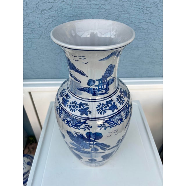 Tall Vintage Asian Chinese Blue & White Ribbed Porcelain Vase For Sale - Image 4 of 7