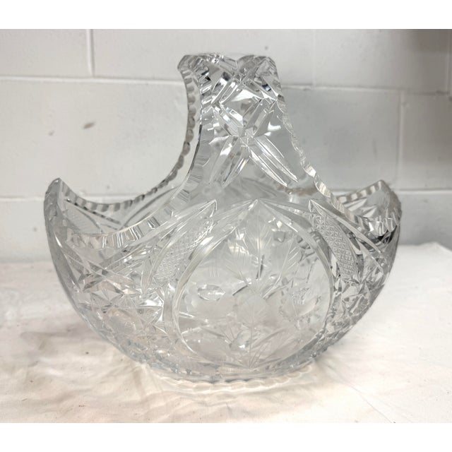 American Large Vintage Hand Cut Clear Crystal Glass Flower Basket Centerpiece Bowl For Sale - Image 3 of 13