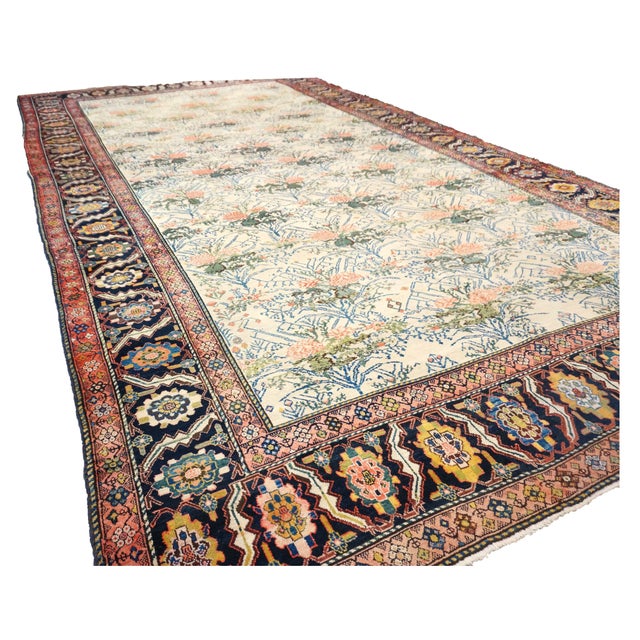 Antique Persian Malayer Wool 11x18 Ivory, Blue, Green & Salmon Handwoven Area Rug #9902772 For Sale - Image 4 of 11