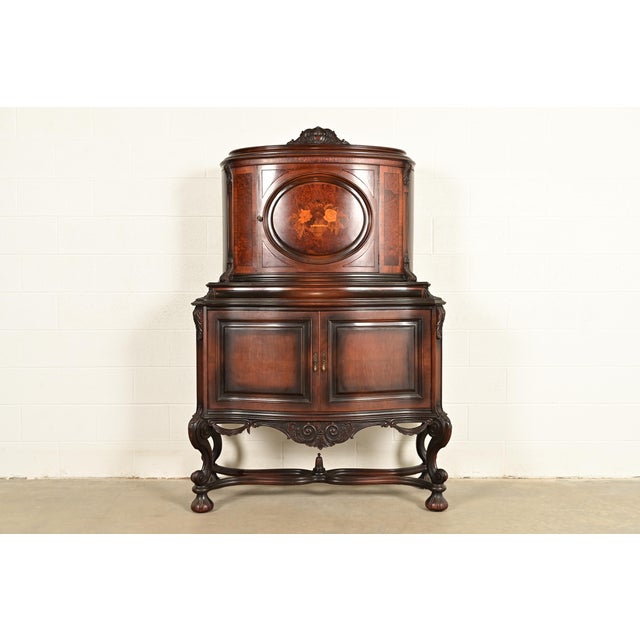 R. J. Horner Style Renaissance Revival Carved Walnut and Burl Wood Inlaid Marquetry Bar Cabinet, Circa 1900 For Sale - Image 16 of 16