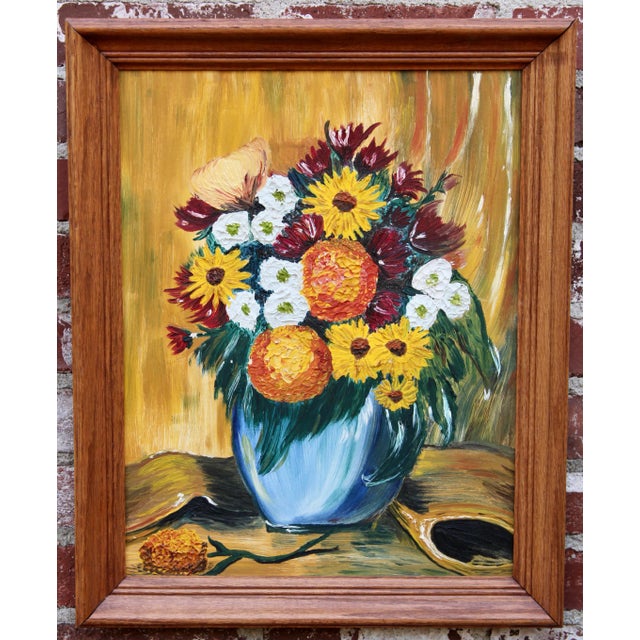 Vintage 1960s Floral Still Life Original Oil Painting For Sale - Image 4 of 12
