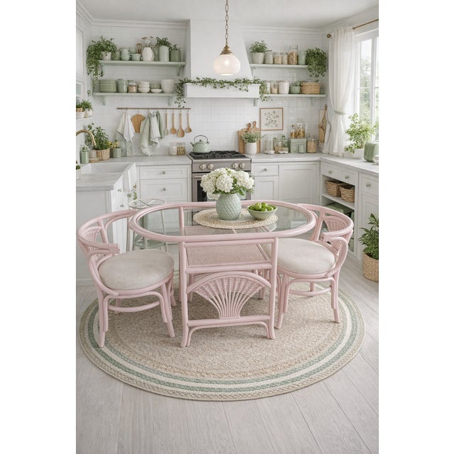 Charming and feminine, this Honeymoon table set has been newly refinished in a custom Georgia Pink lacquer with a...