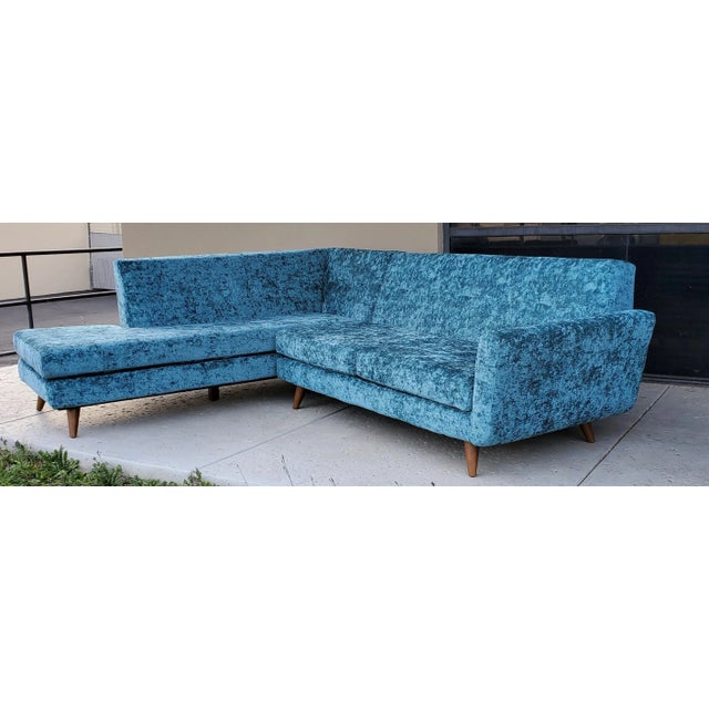 1990s Low Slung Style Sectional Tapered Legs Aqua Green Crushed Velvet Upholstery - Set of 2 For Sale - Image 10 of 12